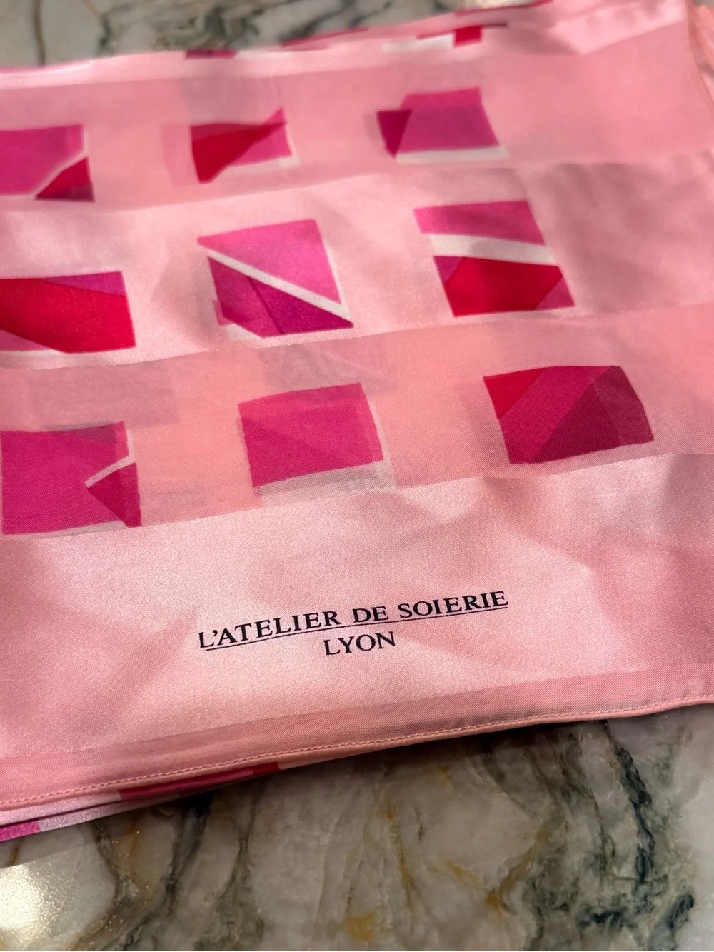 French Silk Scarf Brochier Soieries L’Atelier de Soierie Lyon Pink Geometric